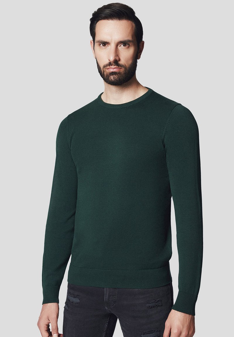 Ciemnozielony sweter dzianinowy z długimi rękawami i okrągłym dekoltem, z prążkowanym dołem i mankietami. Model nosi zniszczone czarne dżinsy.