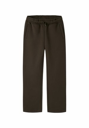 Pantalon de survêtement marron foncé avec cordon de serrage, taille élastique et poches latérales, disposé à plat sur un fond blanc.