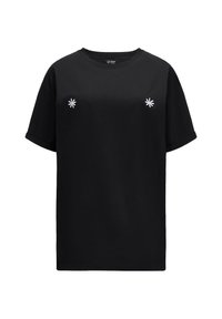 Czarna bawełniana koszulka z krótkimi rękawami, okrągłym dekoltem i dwoma białymi haftowanymi akcentami kwiatowymi na klatce piersiowej. Miękka struktura.