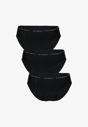 Tre paia di slip neri in cotone con elastico in vita, contrassegnati con la scritta "Lovable", caratterizzati da un design semplice e una consistenza morbida.