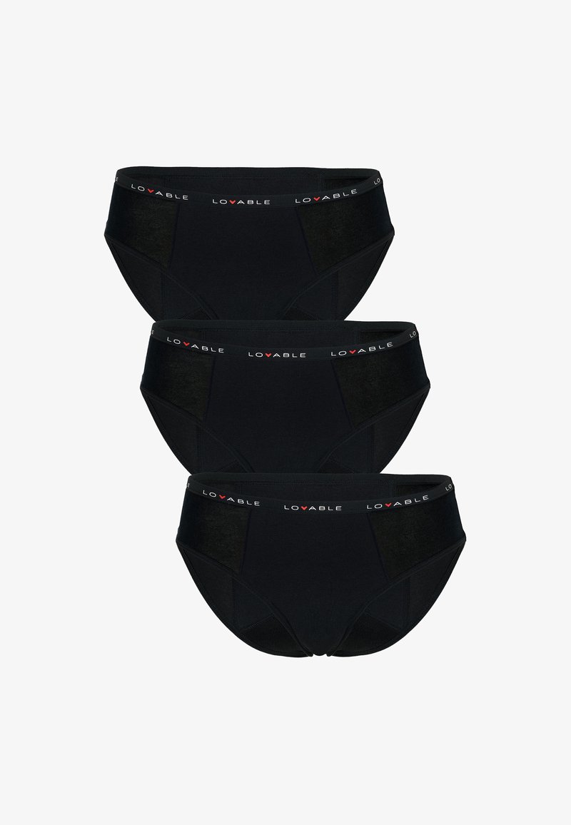 Tre paia di slip neri in cotone con elastico in vita, contrassegnati con la scritta "Lovable", caratterizzati da un design semplice e una consistenza morbida.