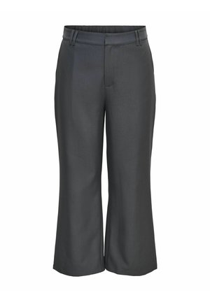 Pantaloni scurți cu picior larg, de culoare gri închis, cu bucle pentru curea și față plată, concepuți pentru ținută formală sau business casual.