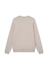 Lys beige sweatshirt med lange ermer, rund hals, ribbestrikkede mansjetter og kant. Glatt tekstur, minimalistisk design, og uten synlige logoer.