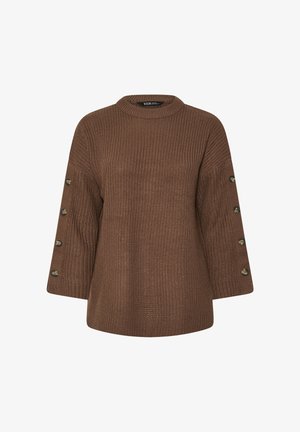 Brown knitted sweater with a high neckline and 3/4 sleeves. Features button accents along sleeve cuffs. Textured fabric and loose fit.