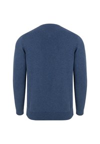 Granatowy sweter dzianinowy, okrągły dekolt, długie rękawy, z ribbym u dołu i na mankietach, gładka faktura, prosty design, odpowiedni do codziennego noszenia.
