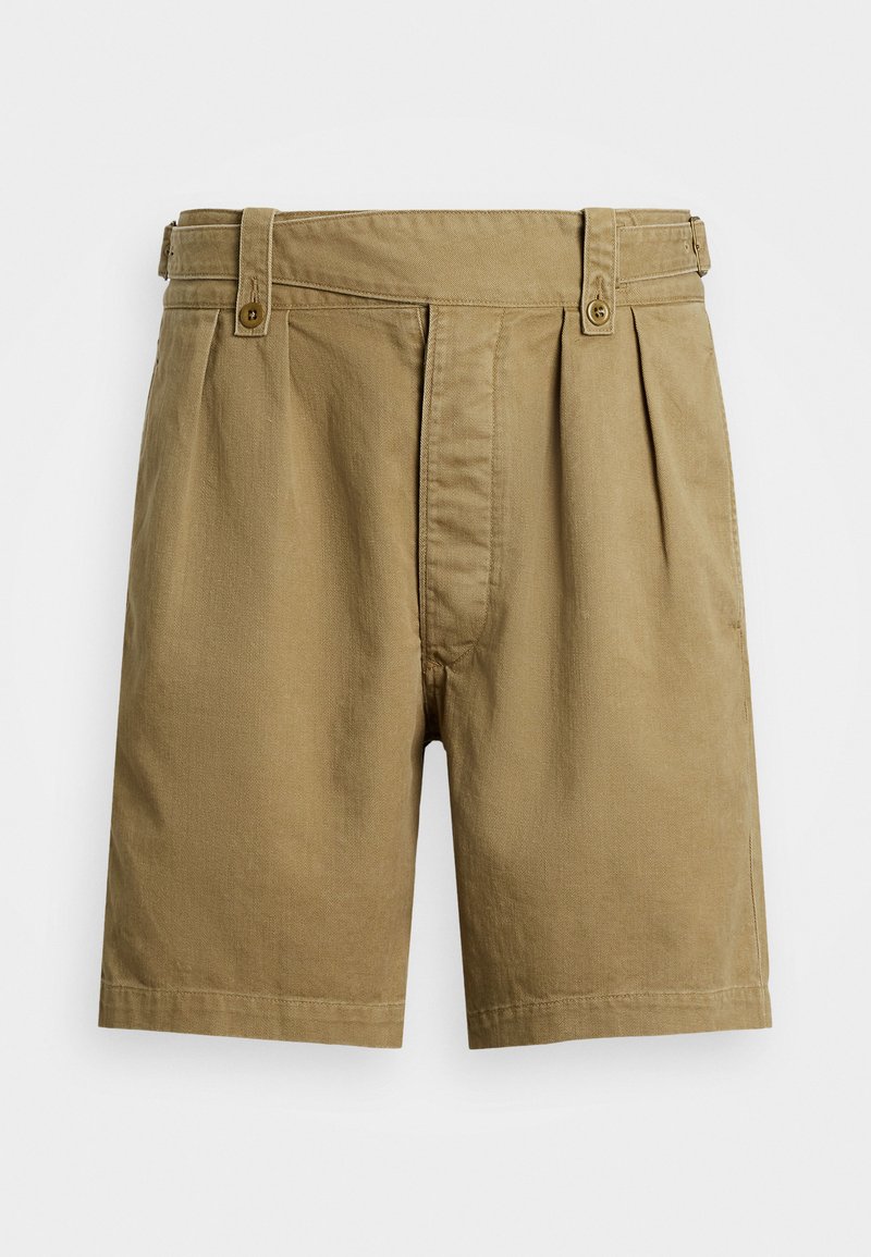 Khaki shorts with a smooth texture, featuring two front pleats, a zip fly, and belt loops. Detailed with a single button closure.