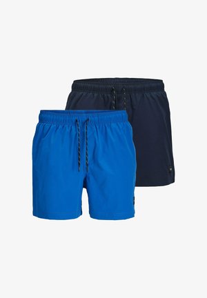 Zwei Paar Badehosen: eine leuchtend blaue und eine marineblaue, aus leichtem Material gefertigt, mit elastischem Bund und Kordelzug-Details.