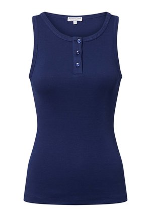 Navy blue ribbed tank top with a rounded neckline, featuring three button placket and fitted silhouette. Made from a soft, stretchy material.