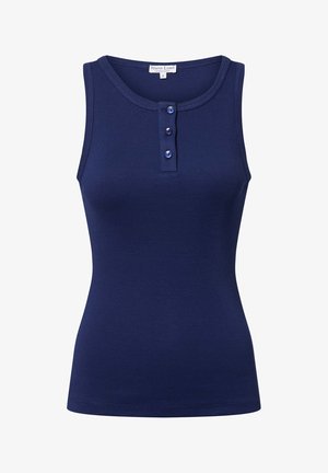 Navyblaues, geripptes Tanktop mit rundem Ausschnitt, ausgestattet mit einer dreiknöpfigen Knopfleiste und taillierter Silhouette. Hergestellt aus einem weichen, dehnbaren Material.