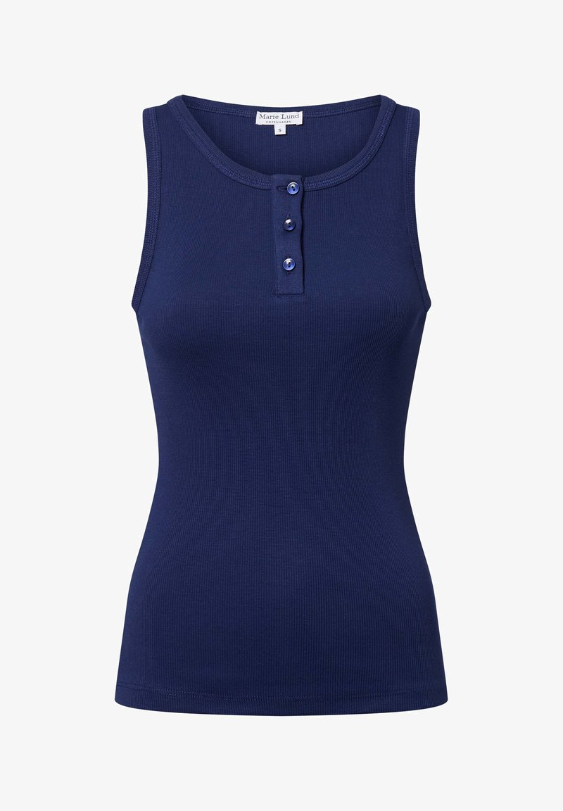 Navy blue ribbed tank top with a rounded neckline, featuring three button placket and fitted silhouette. Made from a soft, stretchy material.
