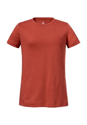 Kurzärmeliges T-Shirt in Rostfarbe mit Rundhalsausschnitt und kleinem, dezentem Logo nahe dem Kragen sowie schlichtem Design.
