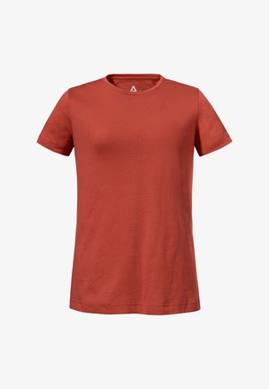 Kurzärmeliges T-Shirt in Rostfarbe mit Rundhalsausschnitt und kleinem, dezentem Logo nahe dem Kragen sowie schlichtem Design.