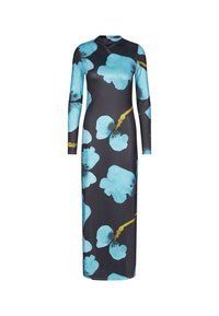 Robe à manches longues en tissu noir avec de grands motifs floraux aqua et des accents jaunes. Design ajusté avec un col haut et une silhouette élégante.