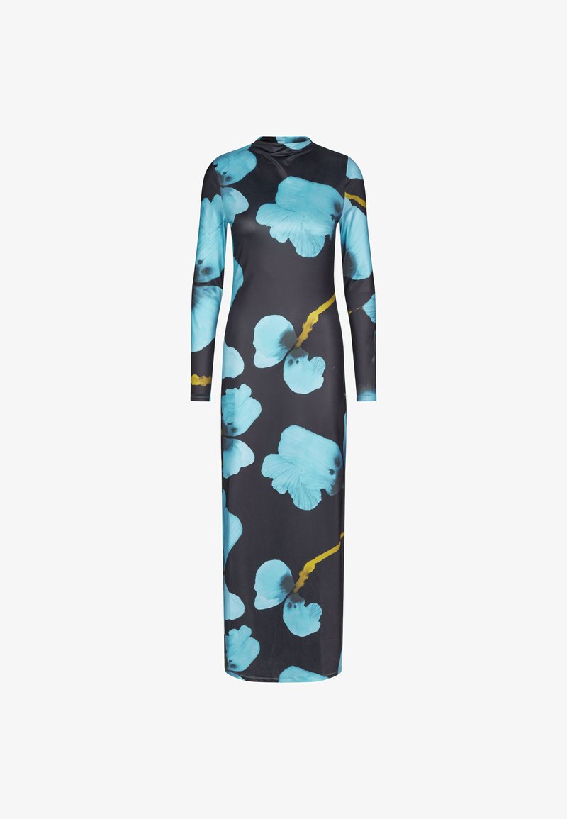 Rochie cu mâneci lungi din țesătură neagră, cu imprimeuri florale mari în nuanțe de aqua și accente galbene. Design ajustat cu un decolteu înalt și o siluetă elegantă.
