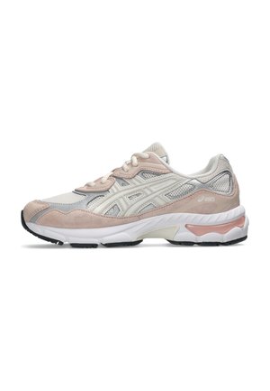 Light pink and white ASICS running shoe with mesh and suede upper, white midsole, and black outsole, shown from the side on white background.