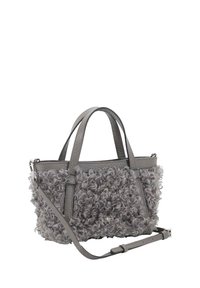 Gray handbag with textured, curly fabric on the body. Features flat leather handles, an adjustable strap, and a zip closure.
