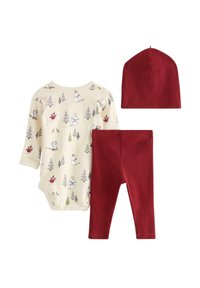 Set di abbigliamento per neonati composto da un body crema con stampe di animali, leggings rossi a coste e un cappellino rosso abbinato.