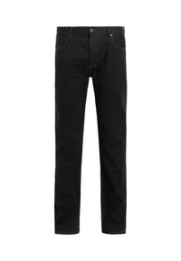 Jeans de mezclilla negra con corte recto, que cuentan con cinco bolsillos, una cremallera y detalles de costura sutil a lo largo de las costuras.