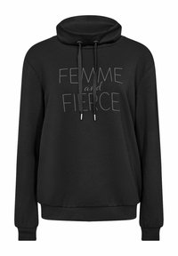 Felpa nera con collo a cowl, maniche lunghe e coulisse. Presenta la scritta stampata "FEMME e FIERCE" in grigio a contrasto. Tessuto morbido.