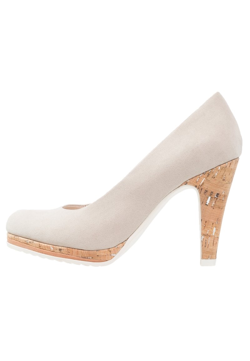 Beige suede high heel shoe with a rounded toe, featuring a cork accent on the platform and heel, and a smooth white sole.