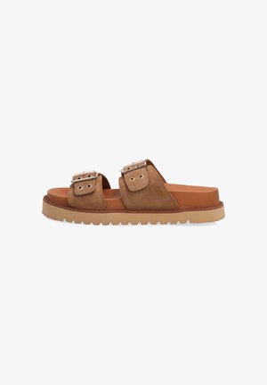 Brown suede slide sandals with two buckled straps, a tan rubber outsole, and a textured tread for grip. Classic open-toe design.