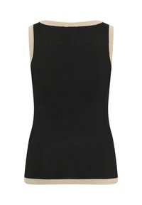 Haut noir sans manches avec bord beige autour des emmanchures, de l'encolure et de l'ourlet, vu de dos.