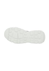 Semelle de chaussure en caoutchouc blanc avec un motif texturé, caractérisée par des formes rectangulaires et circulaires en relief pour l'adhérence.