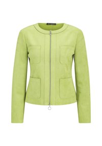 Zielona zamszowa kurtka z okrągłym dekoltem, z przodu na zamek błyskawiczny oraz dwoma kieszeniami na piersi. Charakteryzuje się gładką fakturą i dopasowanym krojem.