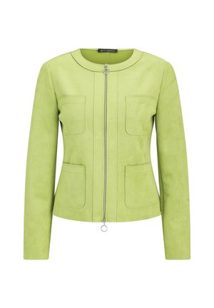Groene suède jas met een ronde halslijn, voorrits en twee borstzakken. Heeft een gladde textuur en een aansluitend ontwerp.