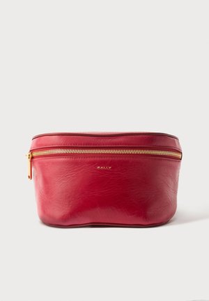 Red leather waist bag with gold zipper and small gold "Bally" logo centered on front panel.