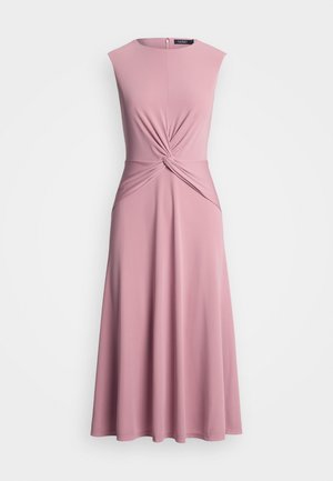 Pink sleeveless dress with a fitted bodice, twisted front detail, and A-line skirt. Smooth fabric with a soft texture, mid-length.