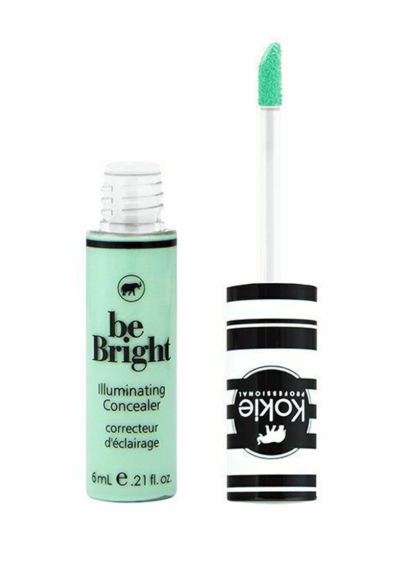 Grön cylinderformad tub märkt "be Bright" med svart text, innehåller en concealer. Inkluderar en vit applikator med en grön spets.