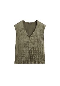 Top verde oliva senza maniche con scollo a V e pieghe verticali, realizzato in materiale leggero, caratterizzato da una vestibilità comoda e una texture sottile.