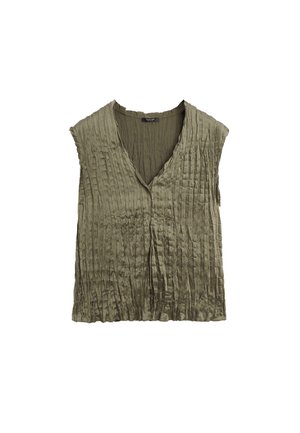 Top verde oliva senza maniche con scollo a V e pieghe verticali, realizzato in materiale leggero, caratterizzato da una vestibilità comoda e una texture sottile.