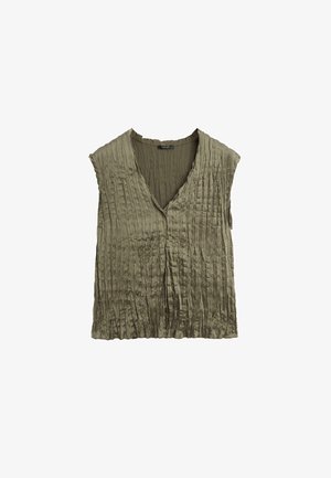 Olivengrøn, ærmeløs top med V-hals og lodrette plisseringer, lavet af letvægtsmateriale, med en afslappet pasform og diskret tekstur.