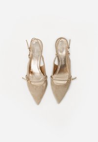 Talons slingback en suède beige avec des bouts pointus, de fines lanières de cheville, des accents métalliques et une doublure intérieure lisse. Conception classique.
