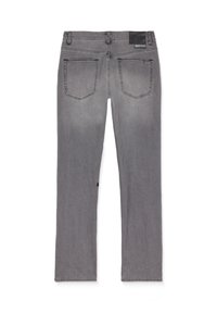 Grey denim jeans featuring a straight-leg cut, five pockets, a sturdy waistband, and contrasting stitching detail.