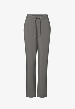 Grijze elastische broeken met trekkoord, recht model, gladde textuur en geen patronen of versieringen.