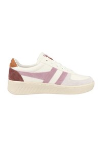 White leather sneaker with pink and purple suede accents, a textured rubber sole, and lace-up design. Slightly elevated heel.