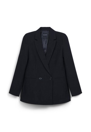 Schwarzer taillierter Blazer mit zwei Vorderknöpfen, Reverskragen, langen Ärmeln und zwei Seitentaschen, flach auf weißem Hintergrund ausgelegt.