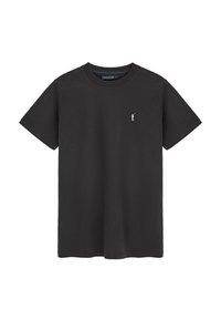 Svart bomull t-shirt med kort ärm, rundad halsringning och en liten vit logotyp på vänster bröst. Mjuk textur, klassisk passform.