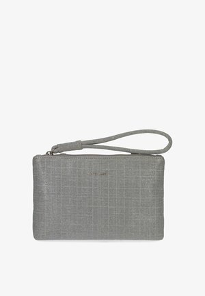 Grau strukturierter Clutch mit flacher Form, Reißverschluss und abnehmbarem Handgelenkriemen. Verfügt über ein subtiliges Rautenmuster und metallische Akzente.
