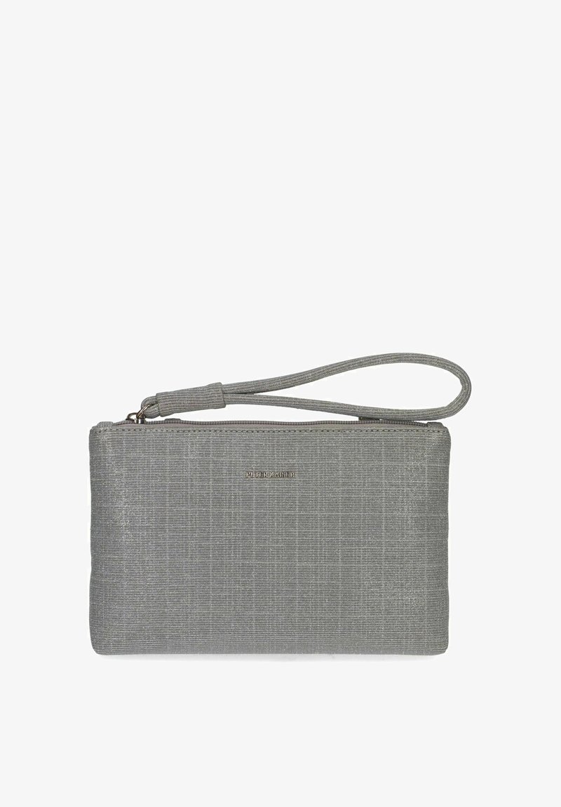 Pochette grise texturée avec une forme plate, fermeture zippée et une bandoulière amovible. Présente un motif quadrillé subtil et des accents métalliques.