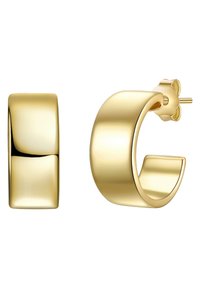 Zelta riņķveida auskari ar gludu, slīpētu virsmu. Kreisajā pusē ir taisnstūra forma, bet labajā pusē ir noapaļota forma.