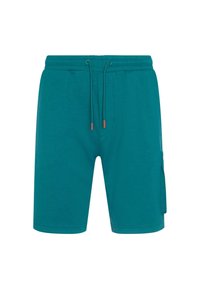 Teal shorts gemaakt van zachte stof; heeft een elastische tailleband, een trekkoord en een cargozak aan de rechterzijde.