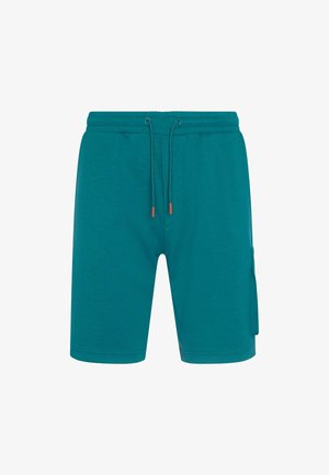 Tyrkysové šortky vyrobené z jemnej látky; obsahujú elastický pás, šnúrku na stiahnutie a cargo vrecko na pravej strane.