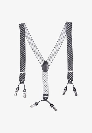 Bretelle a scacchi bianchi e neri con un connettore centrale in pelle nera e clips metallici argentati a ciascuna estremità.