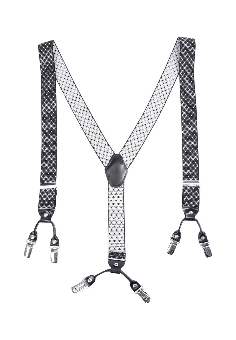 Bretelle a scacchi bianchi e neri con un connettore centrale in pelle nera e clips metallici argentati a ciascuna estremità.