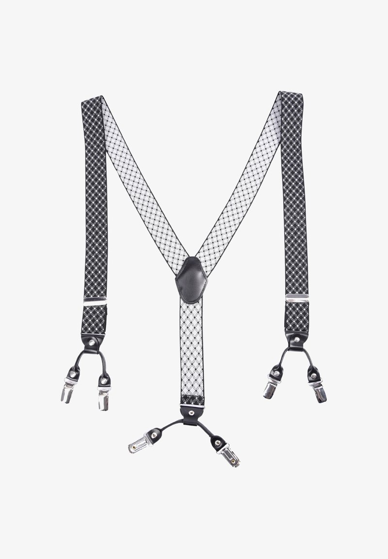 Bretelle a scacchi bianchi e neri con un connettore centrale in pelle nera e clips metallici argentati a ciascuna estremità.