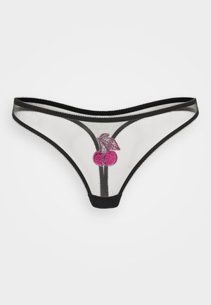 String en maille noire avec une broderie de cerise rose au centre. Bordé d'élastiques noirs contrastants. Matière légère et transparente.